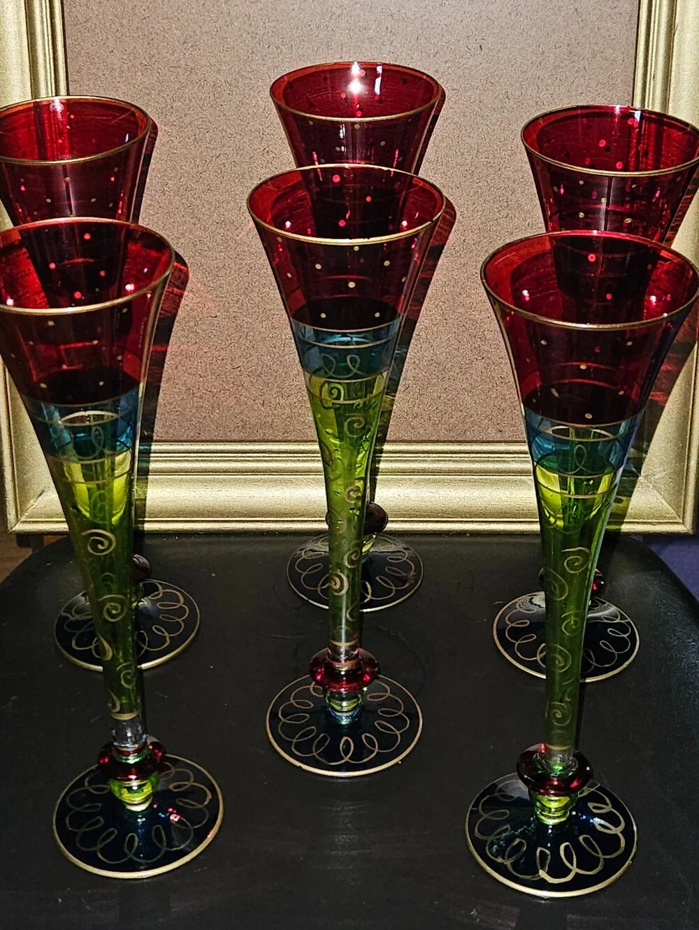 Vintage Pier 1 Set of 6 Hand Painted Colorful Champaign Glasses